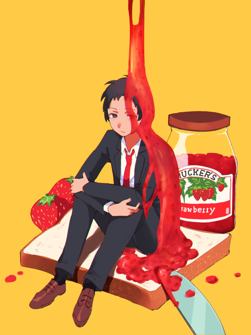 1boy adachi_tooru black_hair black_suit bread bread_slice brown_eyes brown_footwear butter_knife closed_mouth food formal_clothes fruit highres hugging_own_legs jacket jam long_sleeves looking_to_the_side male_focus necktie persona persona_4 pouring red_necktie shirt short_hair sitting sitting_on_food solo strawberry suit tedty33 white_shirt yellow_background