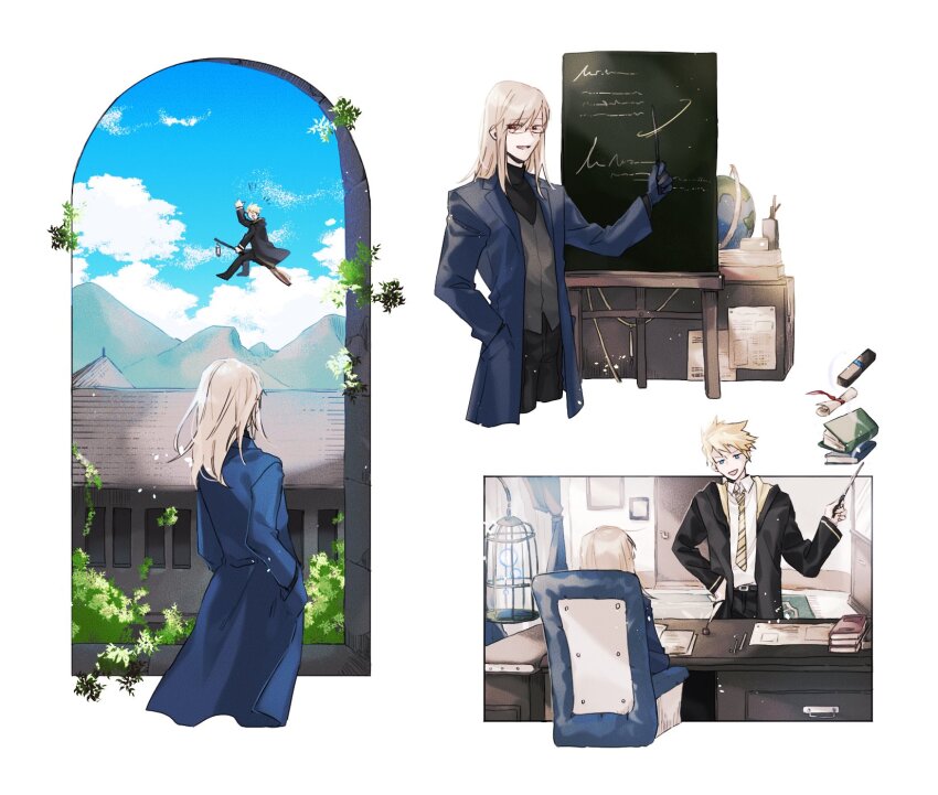 2boys blonde_hair blue_coat blue_eyes blue_sky brown_hair cloud cloudy_sky coat collared_shirt commentary_request flying from_behind grey_vest guy_cecil hand_on_own_hip hands_in_pockets harry_potter_(series) highres holding holding_wand jade_curtiss long_hair looking_at_another momiji409 mountain mountainous_horizon multiple_boys multiple_views necktie open_mouth red_eyes shirt short_hair sitting sky standing tales_of_(series) tales_of_the_abyss vest wand white_shirt wizarding_world