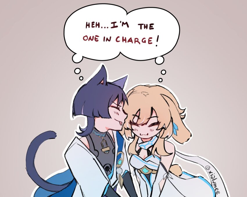 1boy 1girl :3 animal_ears aqua_sleeves arm_cutout black_bodysuit black_hair black_undershirt blonde_hair blue_cape blue_trim blunt_ends bodysuit breasts cape cat_ears cleavage closed_mouth couple detached_sleeves double-parted_bangs dress english_text eyeliner eyeshadow feathers genshin_impact gold hair_between_eyes heads_together hetero highres japanese_clothes kimono knot layered_clothes layered_kimono layered_sleeves light_blush lumine_(genshin_impact) makeup mandarin_collar open_clothes open_kimono pink_back pom_pom_(clothes) rabbit_ears rabbit_tail red_eyeliner red_eyeshadow scaramouche_(genshin_impact) scarf short_hair short_hair_with_long_locks short_sleeves shoulder_peek sidelocks speech_bubble tail tank_top thought_bubble tongue tongue_out twitter_username undershirt vision_(genshin_impact) wanderer_(genshin_impact) white_dress white_kimono white_scarf white_sleeves xialumee