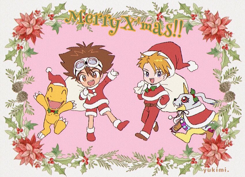 agumon blonde_hair blue_eyes brown_eyes brown_hair capelet chibi closed_eyes digimon digimon_(creature) digimon_adventure full_body gabumon goggles goggles_on_head group_picture hat horns ishida_yamato male_focus medium_hair merry_christmas pants red_capelet red_eyes red_pants red_shirt red_shorts santa_costume santa_hat shirt short_hair shorts single_horn yagami_taichi yukimi_(kurumi-no-naruki)