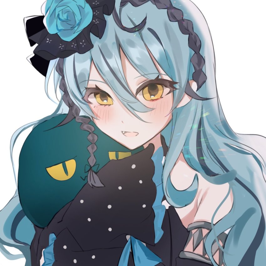 1girl black_dress black_hair black_hairband blue_flower blue_hair blue_rose blush detached_sleeves dress fang flower hailiu hair_behind_ear hair_flower hair_ornament hairband halterneck highres hug multicolored_hair nijisanji nijisanji_kr open_mouth portrait rose ryu_hari solo streaked_hair virtual_youtuber white_background yellow_eyes