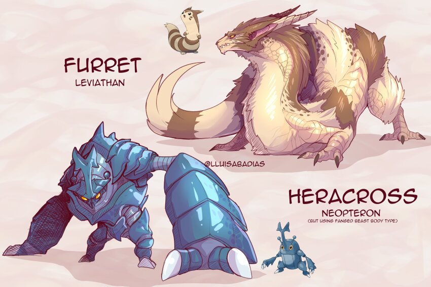 absurdres animal_ears armor bug claws ferret ferret_ears ferret_tail furret gen_2_pokemon grey_hair heracross highres horns lluisabadias long_body nintendo no_humans pokemon pokemon_(creature) single_horn standing