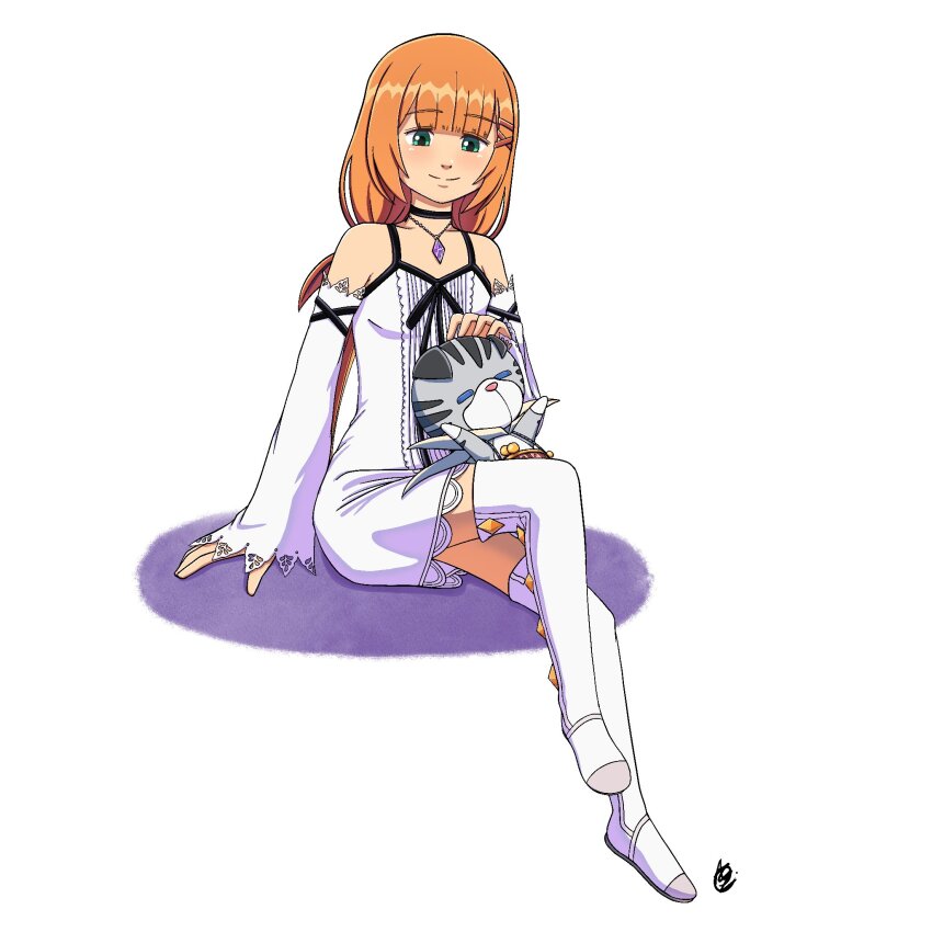1girl bare_shoulders boots chirithy dress green_eyes highres innotsu kingdom_hearts kingdom_hearts_unchained_x knee_boots long_boots orange_hair smile strelitzia_(kingdom_hearts) white_dress