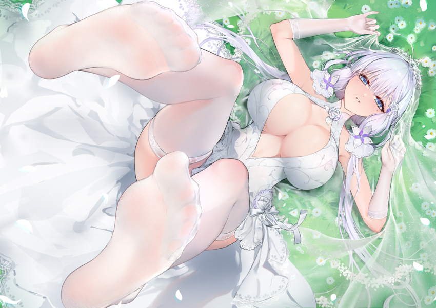 1girl arms_up au11 azur_lane blue_eyes blush breasts bridal_veil center_opening cleavage dress elbow_gloves feet flower foot_focus foreshortening gloves halter_dress halterneck illustrious_(azur_lane) illustrious_(morning_star_of_love_and_hope)_(azur_lane) lace lace-trimmed_dress lace_trim large_breasts legs_up long_hair long_sidelocks looking_at_viewer lying mole mole_under_eye no_shoes official_alternate_costume on_back on_grass parted_lips rose sidelocks smile soles solo thighhighs veil very_long_sidelocks wedding_dress white_dress white_flower white_gloves white_hair white_rose white_thighhighs