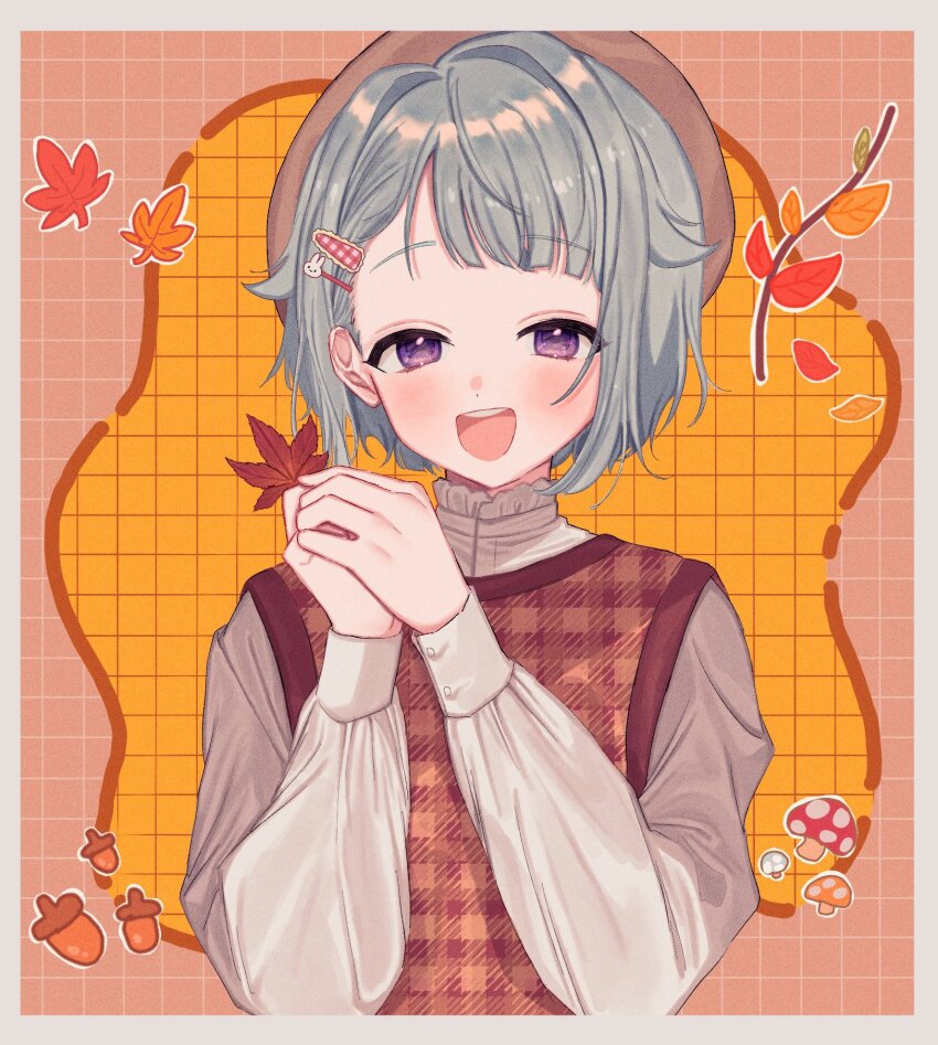 1boy :d acorn alternate_costume alternate_hairstyle autumn autumn_leaves bangs_pinned_back beret blue_hair blunt_bangs blush bob_cut border brown_hat brown_sweater_vest dress_shirt ensemble_stars! grey_border grid_background hair_intakes hair_ornament hairpin hat high_collar highres holding holding_leaf lace-trimmed_shirt_collar leaf long_sleeves looking_at_viewer male_focus multiple_hairpins mushroom open_mouth orange_background own_hands_together pink_background plaid_clothes plaid_sweater_vest purple_eyes rabbit_hair_ornament raised_eyebrows shino_hajime shirt smile solo sweater_vest teeth twig upper_body upper_teeth_only ushio92 white_shirt