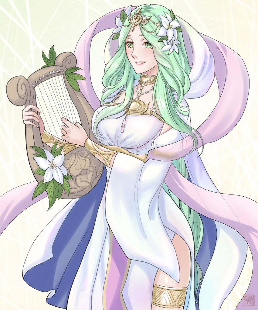 1girl absurdres blush bracelet breasts commentary_request dress fire_emblem fire_emblem:_three_houses fire_emblem_heroes flower green_background green_eyes green_hair hair_flower hair_ornament highres holding holding_instrument instrument jewelry kousetu0506 large_breasts lips long_hair music nintendo official_alternate_costume pink_lips playing_instrument rhea_(aura_of_love)_(fire_emblem) rhea_(fire_emblem) simple_background smile solo thighlet white_dress white_flower wide_sleeves