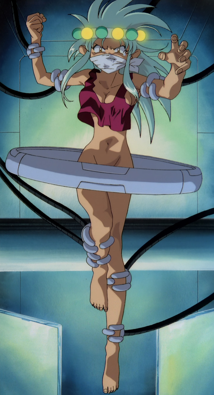 1990s_(style) 1girl absurdres angry anime_screenshot blue_hair gagged highres machinery official_art restrained retro_artstyle ryouko_(tenchi_muyou!) science_fiction solo spiked_hair stitched tank_top tenchi_muyou! third-party_edit yellow_eyes