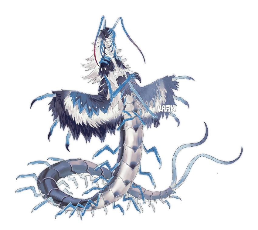 1boy antennae arthropod_boy arthropod_limbs arthropod_tail artist_name bairizuomeng bug carapace centipede centipede_boy chimera claws exoskeleton extra_legs feathered_wings full_body highres long_hair male_focus monster_boy multicolored_hair original red_eyes simple_background solo standing talons two-tone_hair white_background white_hair wings