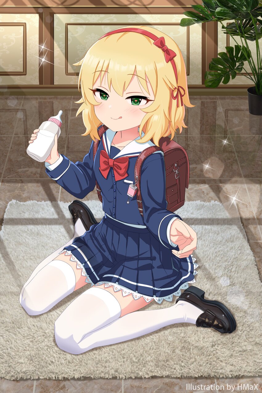 1girl absurdres bag black_shoes blonde_hair blue_serafuku blue_skirt blush bottle breast_pocket carpet closed_mouth collarbone dot_nose female_focus flat_chest full_body green_hair hair_ribbon headband heart heart-shaped_pupils heart_(symbol) heart_in_eye highres hmax holding holding_bottle idolmaster idolmaster_cinderella_girls idolmaster_cinderella_girls_starlight_stage imminent_penetration imminent_rape imminent_vaginal indoors kneehighs kneeling layered_skirt licking_lips loli long_sleeves medium_hair milk_bottle miniskirt neckerchief plant pleated_skirt pocket red_bag red_headband red_neckerchief red_ribbon ribbon sailor_collar sakurai_momoka school_bag school_uniform serafuku sexually_suggestive shirt shoes sitting skirt smile socks solo solo_focus symbol-shaped_pupils symbol_in_eye thighhighs tile_floor tiles tongue tongue_out white_sailor_collar white_shirt white_thighhighs zettai_ryouiki