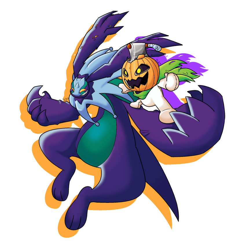 cherubimon cherubimon_(vice) digimon digimon_(creature) highres horns open_mouth pumpmon scarf smile