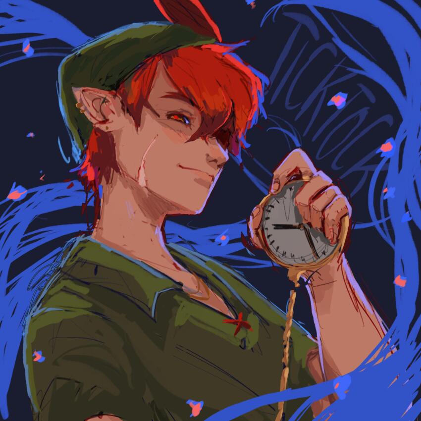 1boy black_boots boots brown_eyes brown_hair bug fairy feathers fly fly_agaric green_hat green_shirt green_tunic hat hat_feather highres insect leaf mushroom orange_hair peter_pan peter_pan_(character) pointy_ears red_feathers shirt short_hair size_difference tinker_bell_(character) tinker_bell_(disney) toon_(style) tunic walt_disney&#039;s_peter_pan
