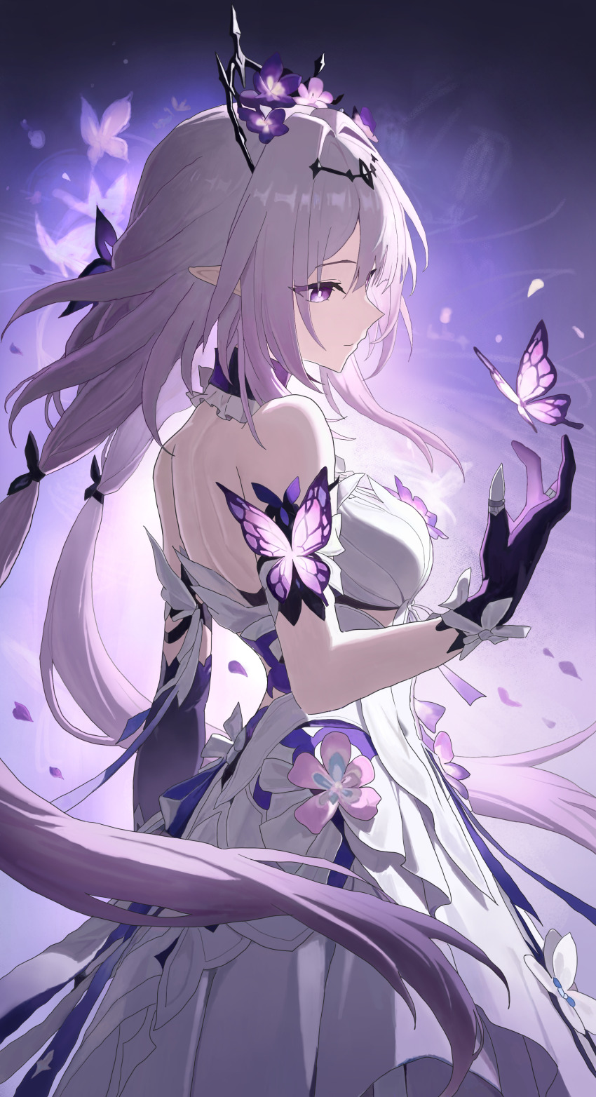 1girl absurdres ago_(ago376) bare_back bare_shoulders bug butterfly castorice_(honkai:_star_rail) choker closed_mouth commentary crown dress elbow_gloves flower from_side gloves hair_flower hair_ornament highres honkai:_star_rail honkai_(series) insect low_twintails pointy_ears purple_choker purple_eyes purple_flower purple_gloves purple_hair single_elbow_glove solo twintails white_dress