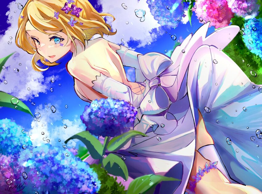1girl arched_back asymmetrical_legwear backless_outfit bare_back bare_shoulders blonde_hair blue_eyes blue_sky bow breasts cloud dress dress_bow dutch_angle flat_chest flower highres hydrangea inubangarou kagamine_rin looking_back narrow_waist shoulder_blades single_thighhigh sky small_breasts solo swept_bangs thighhighs turning_head vocaloid water_drop white_dress white_thighhighs