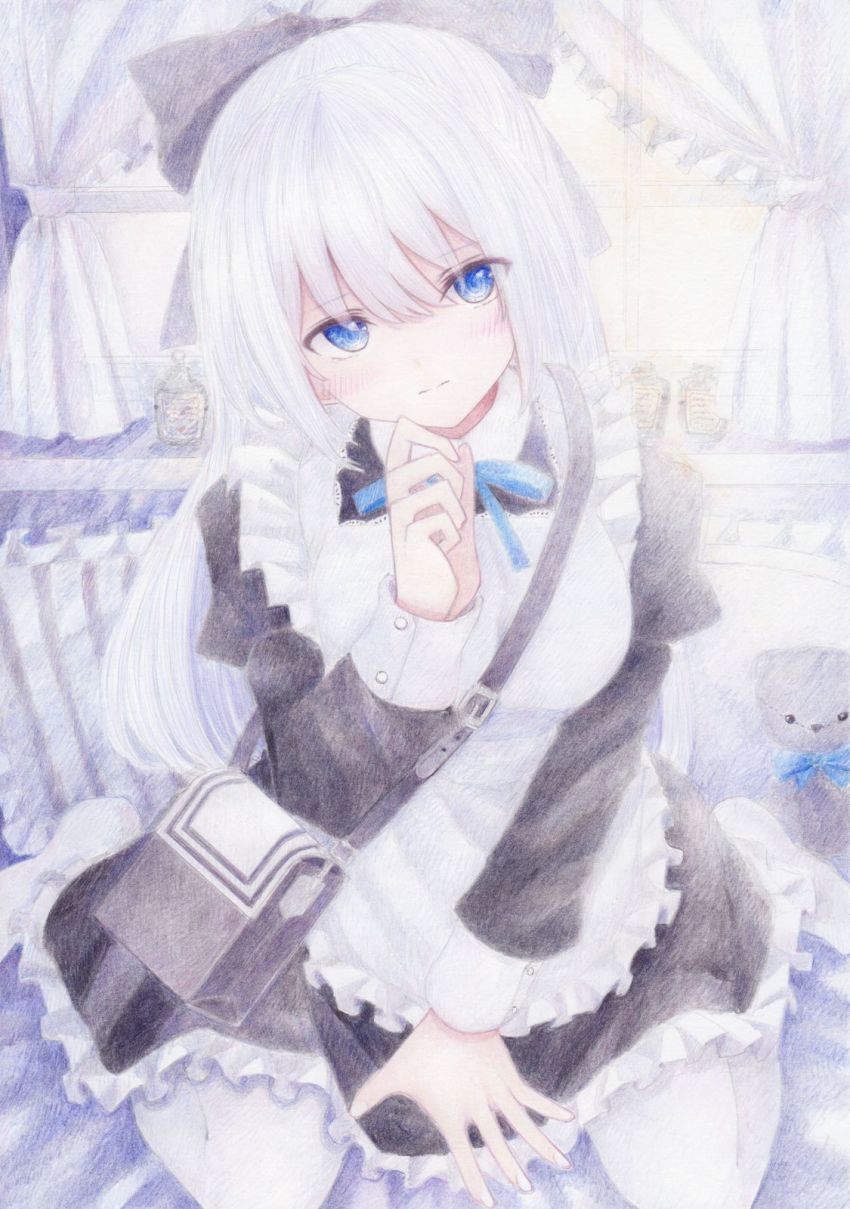 1girl apron bag blush bow closed_mouth colored_pencil_(medium) darkkanan dress eyes_visible_through_hair frilled_apron frilled_dress frills hair_between_eyes hair_bow head_tilt highres indoors kneeling long_hair looking_at_viewer maid maid_apron original painting_(medium) pinafore_dress seiza shoulder_bag sidelocks sitting sleeveless_dress solo traditional_media watercolor_(medium) white_hair white_legwear