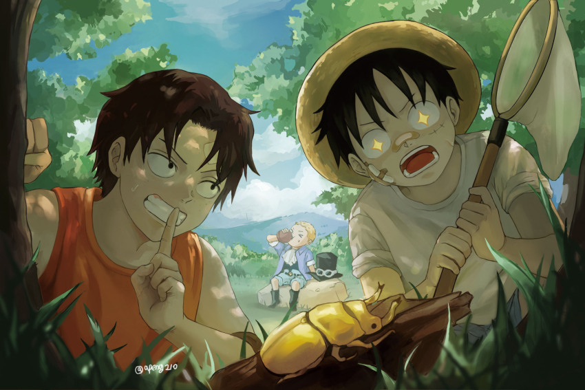 3boys aged_down apeng210 ascot bandaid bandaid_on_cheek bandaid_on_face beetle black_hair blonde_hair blue_shorts blue_sky bug child cloud cloudy_sky commentary_request drinking grin hat highres holding index_finger_raised insect korean_commentary looking_at_another male_focus monkey_d._luffy multiple_boys one_piece open_mouth outdoors portgas_d._ace red_tank_top sabo_(one_piece) shirt short_hair shorts sky smile sparkling_eyes straw_hat tank_top tree unworn_hat unworn_headwear white_ascot white_shirt