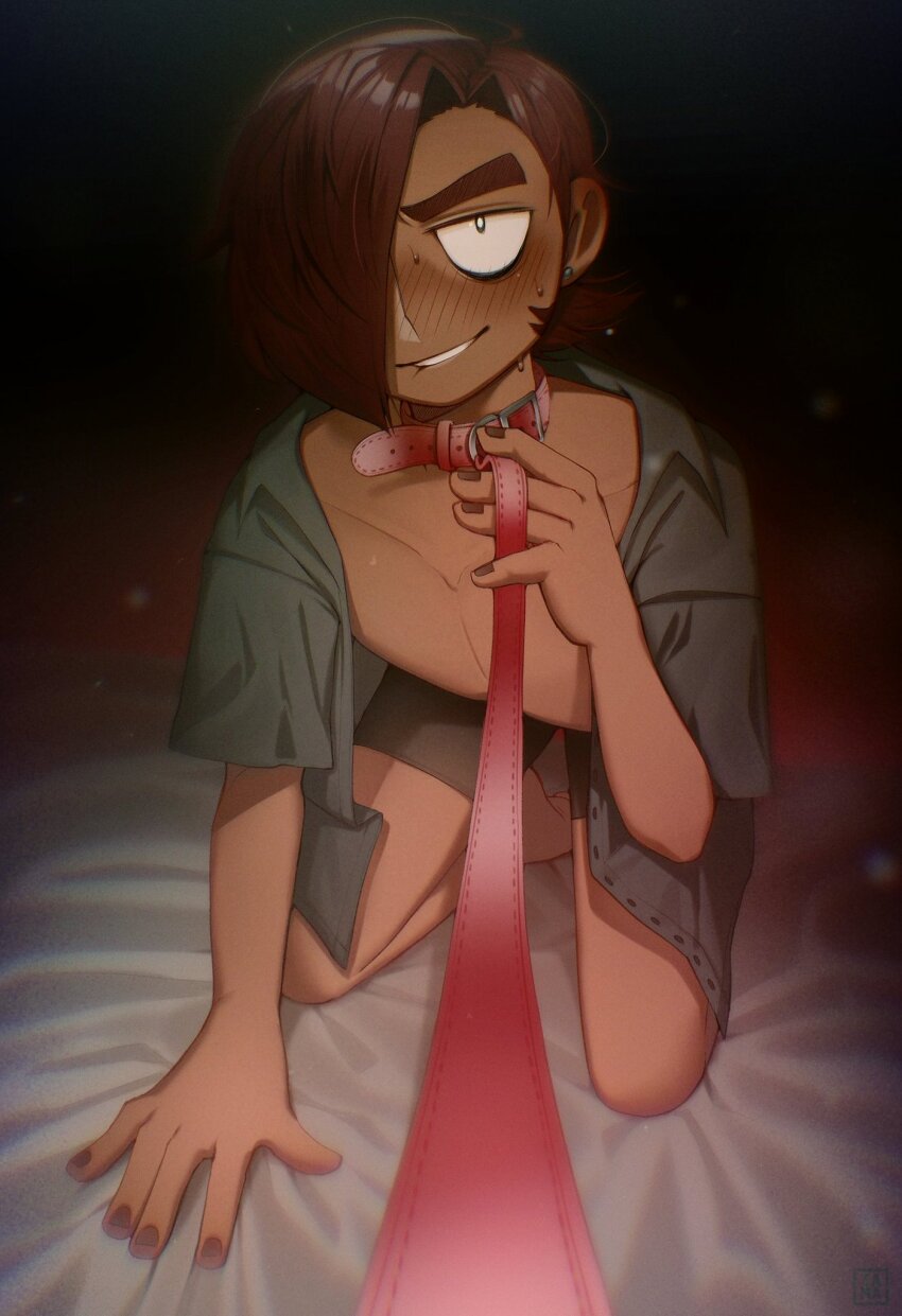 1boy ahoge bed biting_own_lip black_eyeliner black_eyes black_male_underwear blush brown_hair brown_nails collar collarbone collared_shirt commentary dark-skinned_male dark_skin ear_piercing existenc3 eyeliner furrowed_brow green_shirt hair_over_one_eye highres holding holding_leash kneeling leash leash_pull looking_at_viewer makeup male_focus male_underwear matthew_patel nail_polish open_clothes open_shirt piercing pov red_collar red_leash scott_pilgrim_(series) scott_pilgrim_takes_off shirt short_hair short_sleeves sweat teeth underwear yaoi