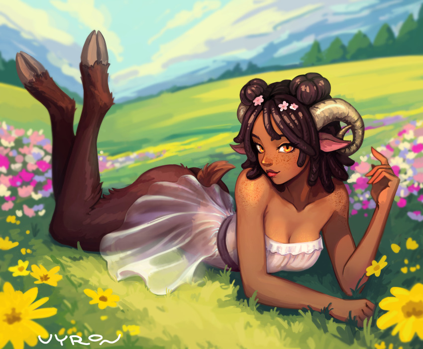 1girl black_hair blurry body_freckles breasts brown_eyes cleavage cloud cloudy_sky collarbone commentary commission curled_horns dark-skinned_female dark_skin day depth_of_field dress english_commentary fantasy flower freckles goat_girl goat_horns goat_legs goat_tail grass highres horns looking_at_viewer lying meadow no_pants on_ground on_stomach original outdoors pointy_ears satyr see-through_clothes see-through_dress signature sky solo strapless strapless_dress the_pose tree vyron_s white_dress