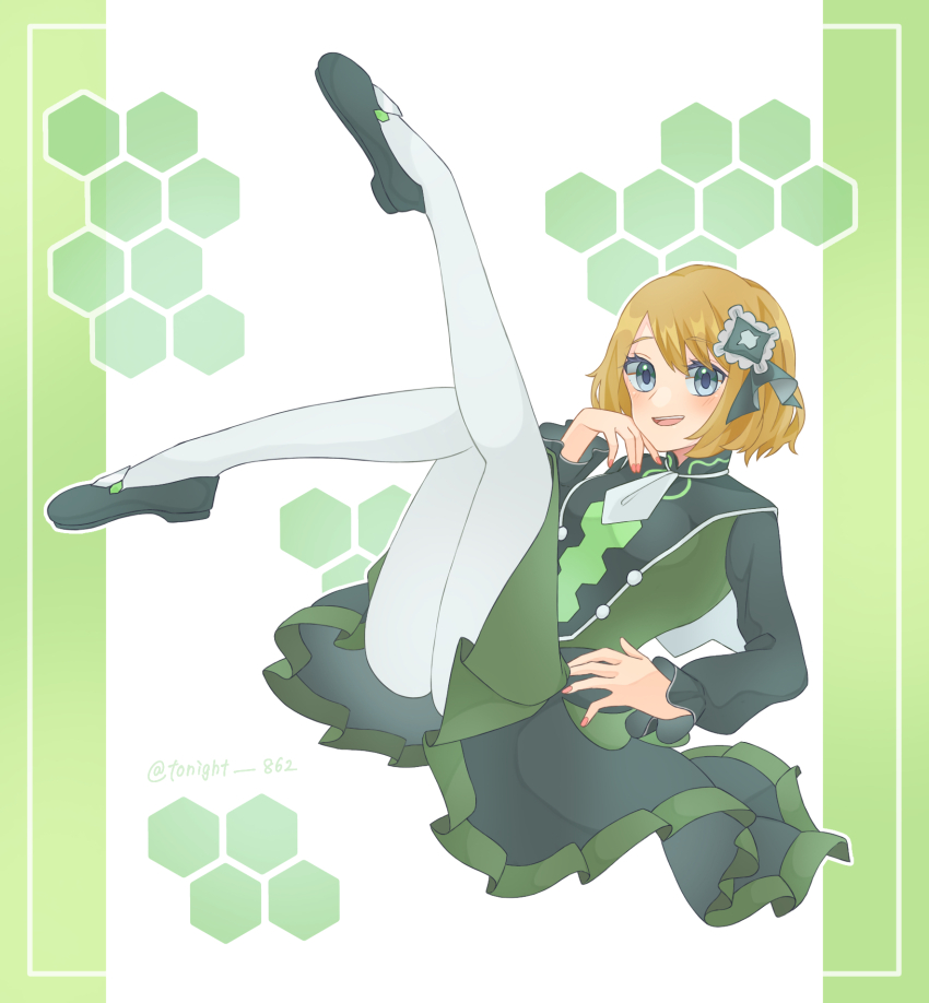 1girl ascot black_footwear full_body grey_eyes hexagon highres light_brown_hair nail_polish nintendo official_alternate_costume pantyhose pokemon pokemon_masters_ex rain_(tonight_862) serena_(pokemon) serena_(sygna_suit)_(pokemon) solo white_pantyhose