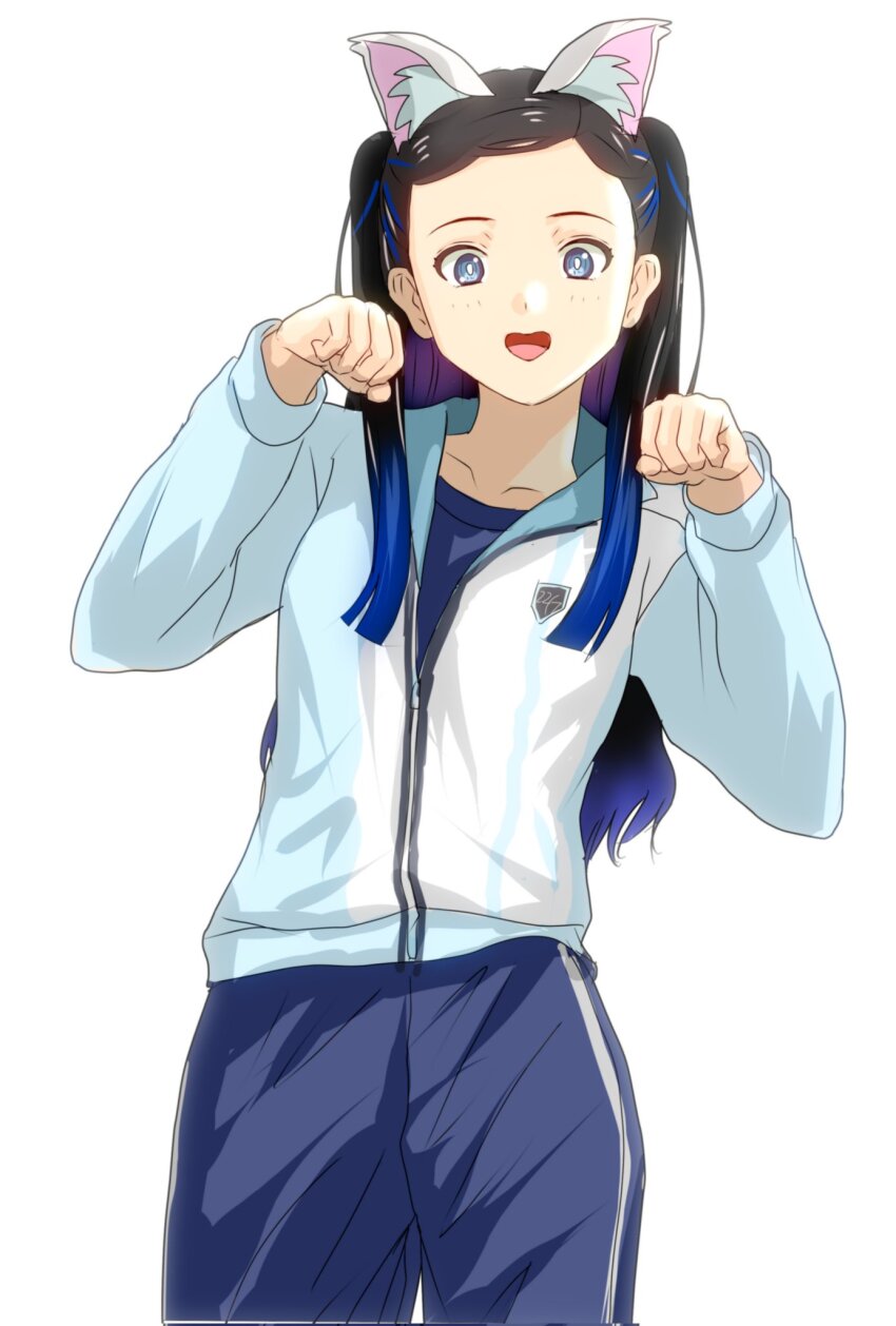 1girl 22/7 animal_ears black_hair blue_eyes blue_hair blue_track_suit bxtbsy7q76gxh73 cat_ears collarbone cowboy_shot highres jacket long_hair looking_at_viewer multicolored_hair nishiura_sora open_mouth pants paw_pose shirt smile solo standing track_jacket track_pants track_suit white_background