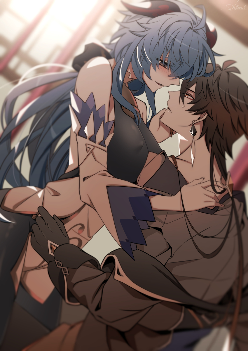 1boy 1girl absurdres assisted_exposure bare_shoulders bell black_bodysuit black_gloves black_hair blue_hair blurry blurry_background blurry_foreground blush bodice bodysuit breasts brown_bodysuit brown_hair brown_leotard collared_shirt colored_tips covered_erect_nipples cowbell detached_sleeves diamond-shaped_pupils diamond_(shape) earrings eyeliner eyeshadow face-to-face formal_clothes ganyu_(genshin_impact) genshin_impact girl_on_top gloves goat_horns gradient_hair hair_between_eyes hand_on_another&#039;s_cheek hand_on_another&#039;s_face hand_on_another&#039;s_shoulder highres horns indoors jacket jewelry large_breasts leotard leotard_under_clothes light long_hair long_sleeves lower_teeth_only makeup multicolored_hair narrowed_eyes naughty_face open_mouth orange_hair purple_eyes red_eyeshadow seductive_smile shirt shisui53 sidelocks signature single_earring smile sweat symbol-shaped_pupils tassel tassel_earrings teeth undressing undressing_another white_sleeves yellow_eyes zhongli_(genshin_impact)