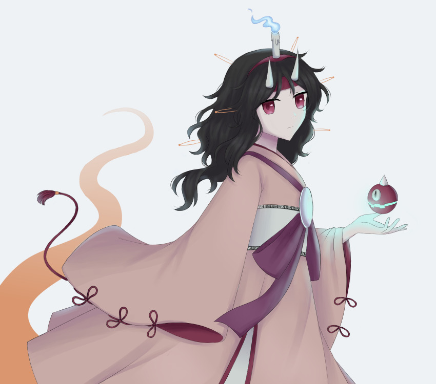 androgynous black_hair blue_fire brilliant_pagoda_or_haze_castle brown_kimono burabura candle fire fox10991 ghost ghost_tail hairband headband highres holding horns japanese_clothes kimono len&#039;en len&#039;en medium_hair red_eyes red_hairband red_headband red_ribbon ribbon taira_no_chouki