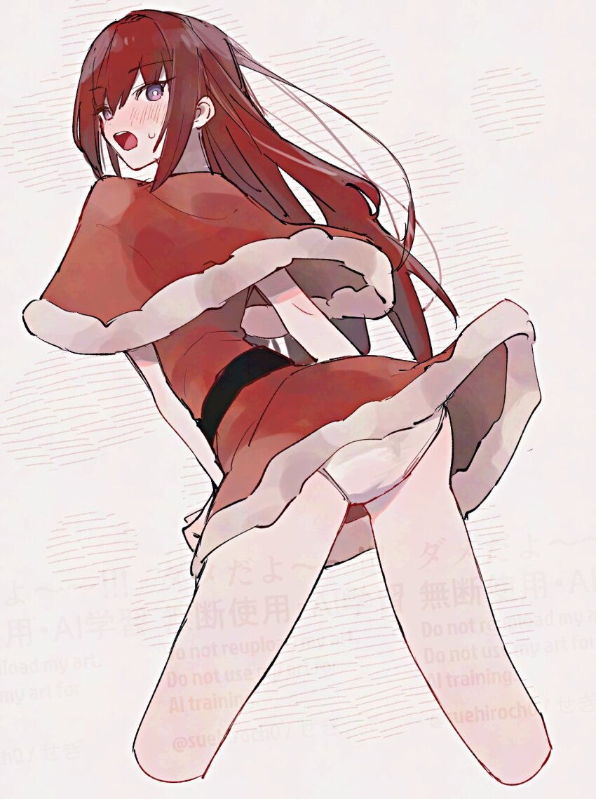 1girl alternate_costume blush bright_pupils capelet commentary_request cropped_legs dress from_behind fur-trimmed_capelet fur-trimmed_dress fur_trim hair_between_eyes highres long_hair looking_at_viewer looking_back makise_kurisu no_pants open_mouth panties purple_eyes red_capelet red_dress red_hair santa_costume santa_dress sidelocks small_sweatdrop solo steins;gate suehiroch0 teeth tongue turning_head underwear upper_teeth_only watermark white_panties white_pupils
