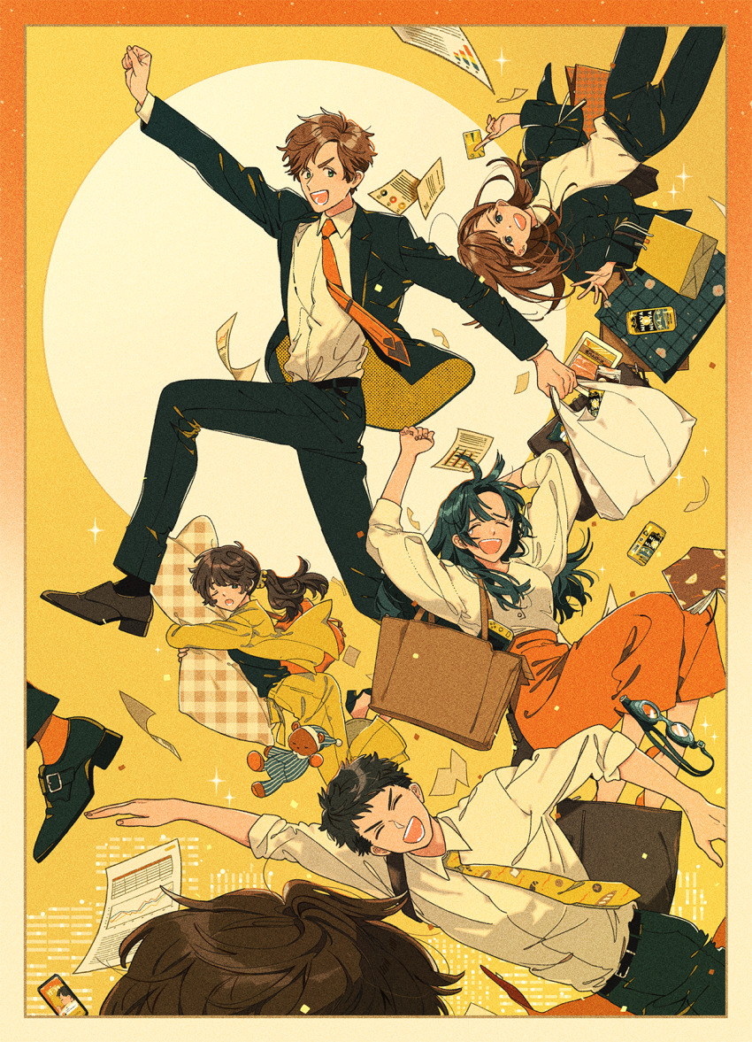 2boys 3girls black_hair black_pants blush brown_eyes brown_hair closed_eyes collared_shirt goggles green_eyes green_hair highres keishin long_hair multiple_boys multiple_girls neckerchief necktie nintendo_switch one_eye_closed open_mouth orange_necktie original pants parted_bangs pillow ponytail shirt short_hair smile stuffed_animal stuffed_toy swim_goggles teddy_bear teeth upper_teeth_only white_shirt yellow_neckerchief