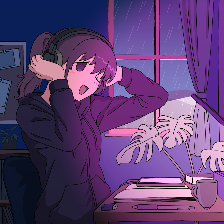1girl absurdres book cup ennui_orz eraser from_side hand_on_own_head headphones highres hood hoodie indoors lamp monstera_deliciosa mug one_eye_closed open_mouth original pen ponytail purple_hair rain solo table window