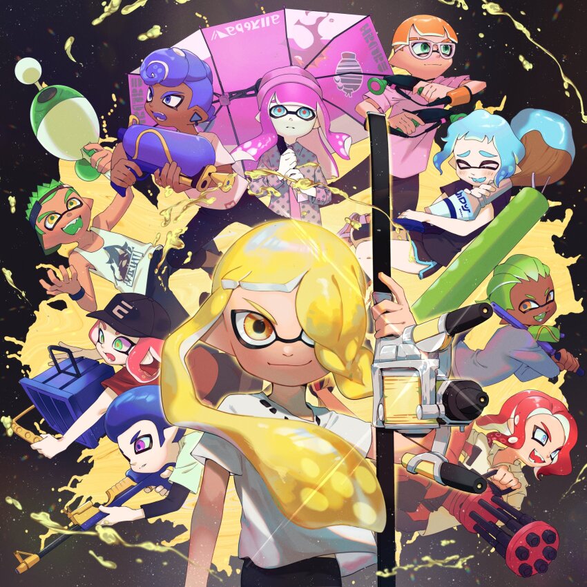 5boys 5girls afro aiming backwards_hat baseball_cap beanie black_hat black_pants black_shirt black_shorts blonde_hair blue_eyes blue_hair blue_tongue blunt_bangs bow_(weapon) braid brown_shirt closed_eyes closed_mouth collarbone collared_shirt colored_tongue commentary_request dark-skinned_female dark-skinned_male dark_skin dolphin_shorts dual_wielding earclip eyebrow_cut fangs furrowed_brow glasses glint green_eyes green_hair green_tongue grey_shirt hat heavy_splatling_(splatoon) highres holding holding_bow_(weapon) holding_umbrella holding_weapon hugging_object inkbrush_(splatoon) inkling inkling_boy inkling_girl inkling_player_character layered_sleeves long_hair long_sleeves looking_at_viewer luna_blaster_(splatoon) medium_hair multiple_boys multiple_girls necktie nintendo octoling octoling_boy octoling_girl octoling_player_character open_mouth orange_eyes orange_hair orange_pupils pants parted_bangs parted_lips pink_eyes pink_hair pink_hat pink_necktie pink_shirt pointy_ears pompadour purple_eyes purple_hair purple_tongue red_hair red_pupils red_shirt shirt short_hair short_over_long_sleeves short_sleeves shorts single_braid smile spiked_hair splat_brella_(splatoon) splat_charger_(splatoon) splat_dualies_(splatoon) splat_roller_(splatoon) splatoon_(series) splatoon_3 splattershot_(splatoon) sweatband t-shirt tank_top tentacle_hair torn_clothes torn_shirt tri-slosher_(splatoon) tri-stringer_(splatoon) umbrella very_short_hair visor_cap weapon white-framed_eyewear white_shirt white_tank_top wristband yamagishi_chihiro yellow_eyes yellow_shirt