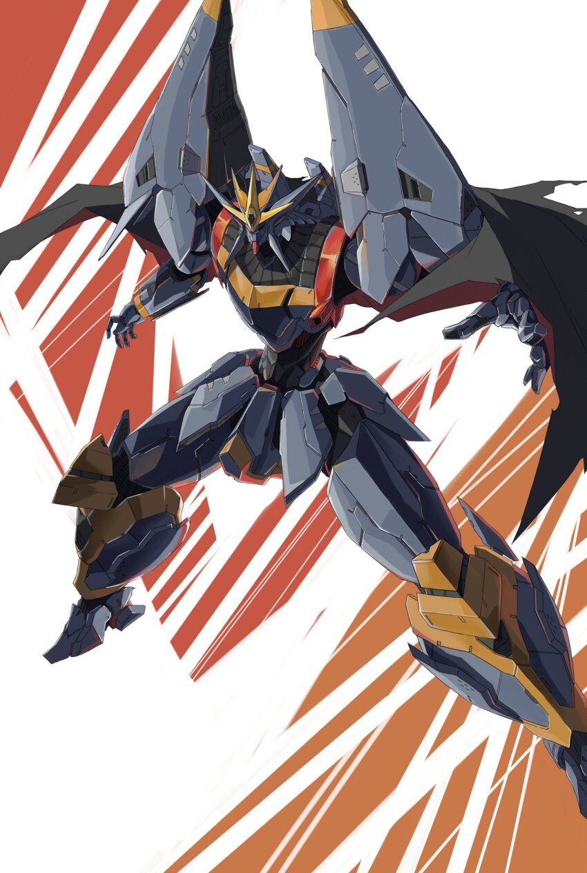 black_cape cape commentary_request ctpt9r gunbuster highres legs_apart mecha mecha_focus no_humans one-eyed open_hands outstretched_arms purple_eyes redesign robot science_fiction solo super_robot top_wo_nerae! top_wo_nerae!_(series)