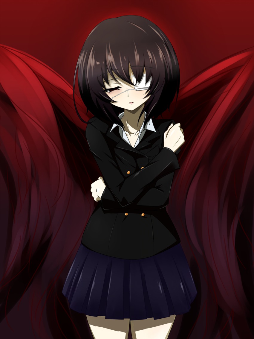 10s 1girl another benibana black_hair blush collarbone eyepatch female_focus highres misaki_mei red_eyes school_uniform short_hair skirt solo standing