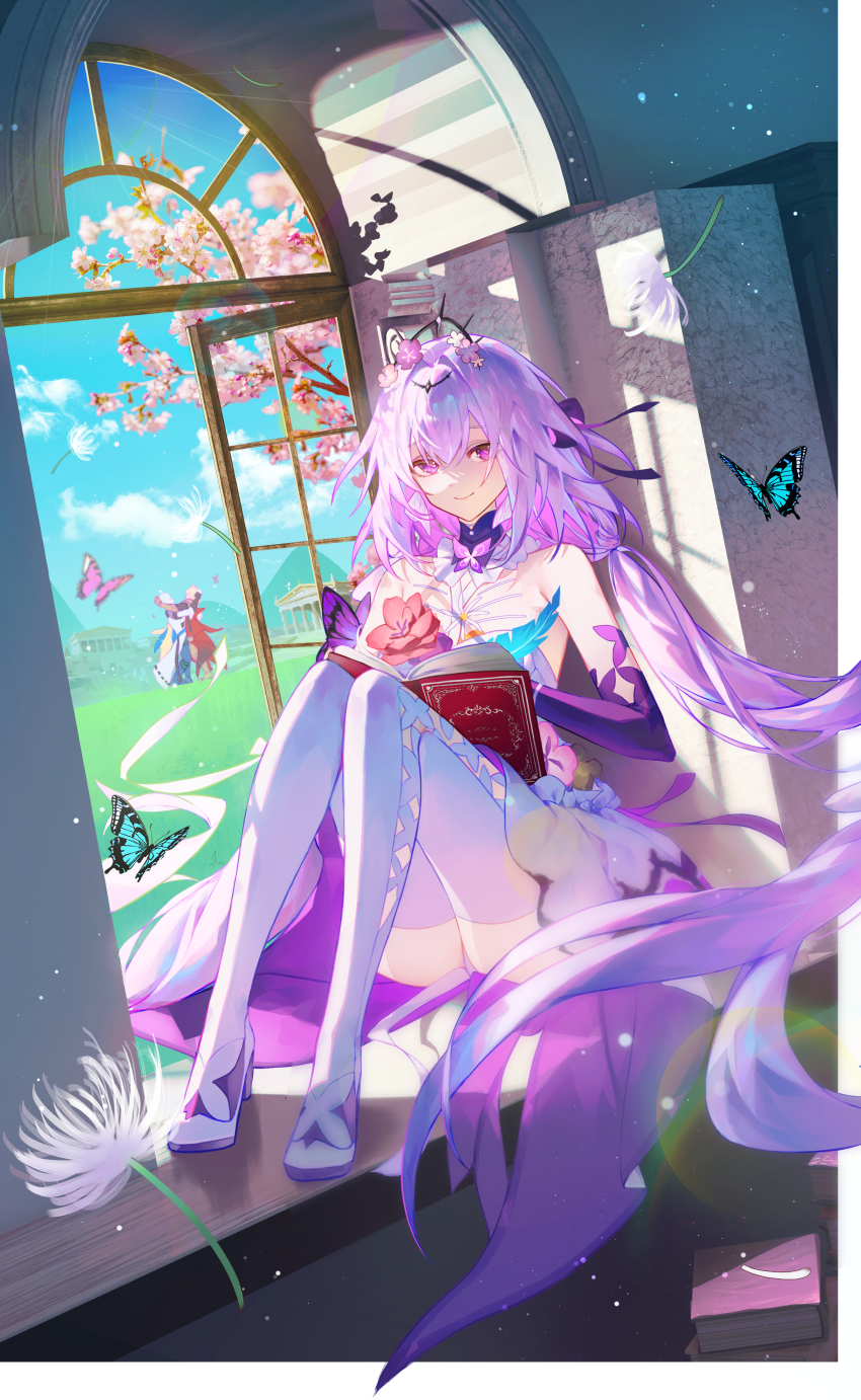 1girl absurdres blue_sky book boots bug butterfly castorice_(honkai:_star_rail) cherry_blossoms dandelion day dress flower gloves hair_flower hair_ornament highres holding holding_book honkai:_star_rail honkai_(series) insect long_hair looking_at_viewer pointy_ears purple_eyes purple_gloves purple_hair shotgunman sitting sky smile solo thigh_boots twintails very_long_hair white_boots white_dress window