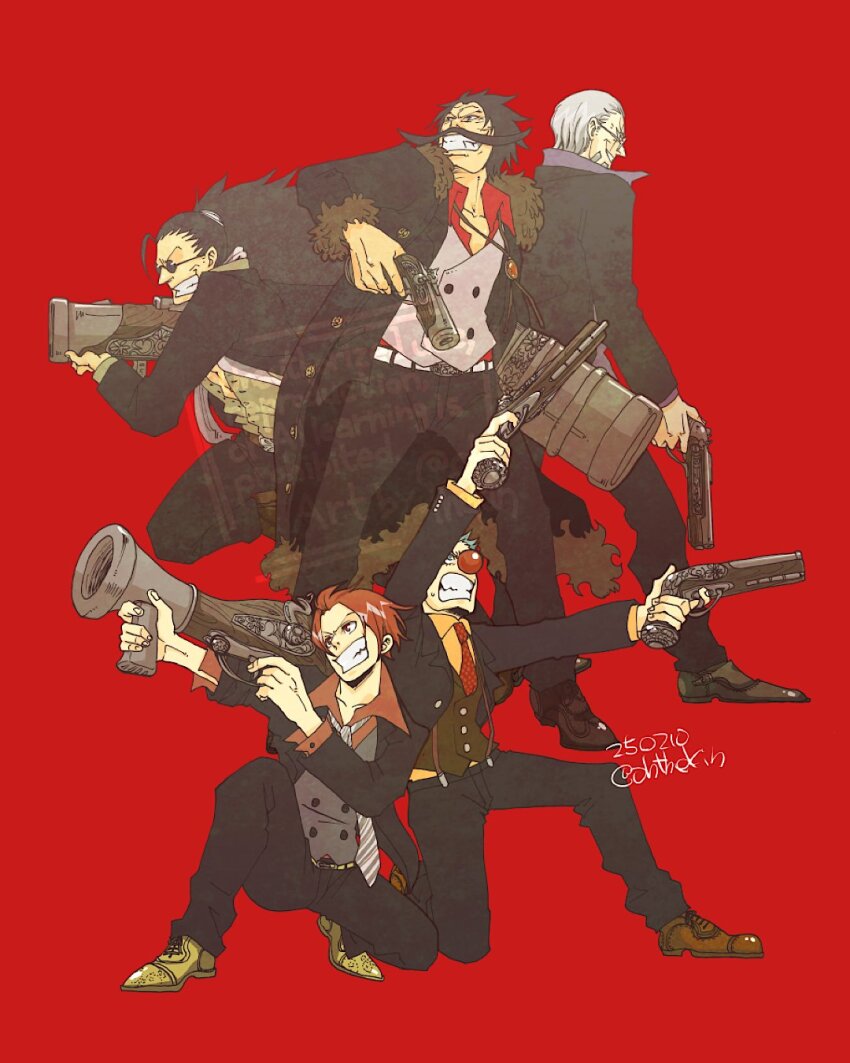 5boys aged_down black_hair black_pants buggy_the_clown clenched_teeth coat collared_shirt dated facial_hair formal_clothes full_body fur-trimmed_coat fur_trim glasses gol_d._roger grey_hair gun hair_slicked_back highres holding holding_gun holding_weapon looking_to_the_side male_focus multiple_boys mustache ohthekin on_one_knee one_piece pants ponytail red_background red_hair red_nose scopper_gaban shanks_(one_piece) shirt silvers_rayleigh simple_background suit sunglasses teeth vest weapon