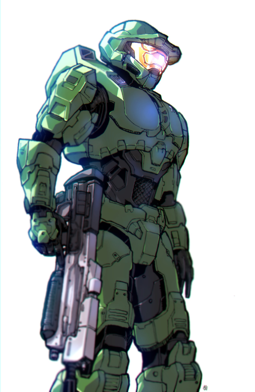 1boy absurdres animification armor assault_rifle black_gloves blurry bullpup from_below from_side full_armor gloves gun halo_(series) halo_infinite helmet highres holding holding_gun holding_weapon ma5 master_chief nasutetsu open_hand power_armor revision rifle science_fiction simple_background solo spartan_(halo) visor weapon white_background