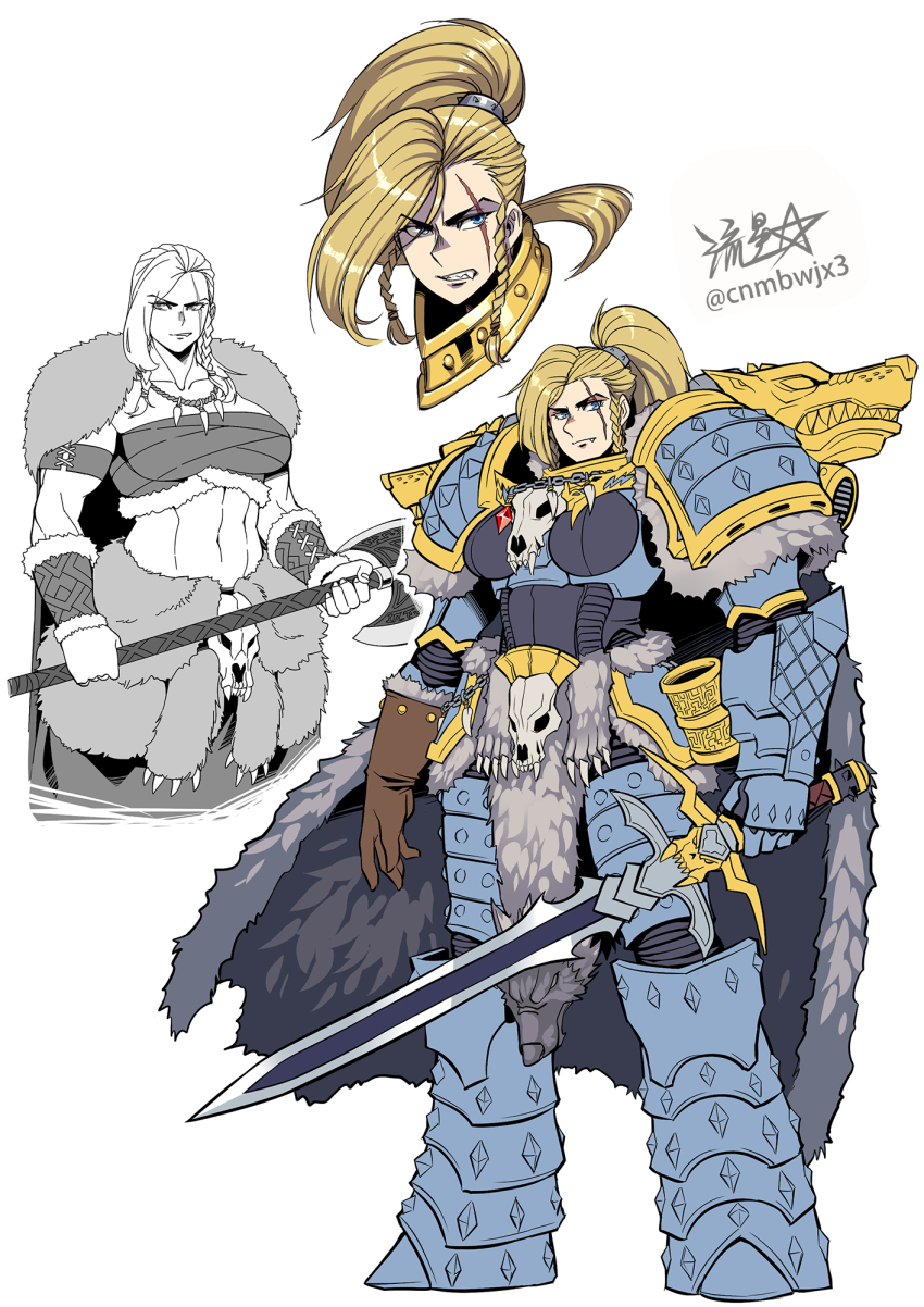 1girl :d abs adeptus_astartes animal_skull armband armlet armor axe battle_axe beer_mug blonde_hair blue_eyes boobplate bracer braid breastplate brown_gloves cape casual chest_sarashi claws clenched_teeth closed_mouth clothes commentary cup fang fang_out fangs fur_cape gauntlets genderswap genderswap_(mtf) gloves greaves helwinter highres holding holding_axe holding_sword holding_weapon jewelry leman_russ long_hair looking_at_viewer midriff mjalnar mug multiple_views necklace open_clothes open_mouth pauldrons pelt pelvic_curtain ponytail primarch ryuusei_(mark_ii) sarashi scar scar_across_eye scar_on_face shoulder_armor shoulder_spikes side_braids signature simple_background smile space_wolves spikes sword tankard teeth tooth_necklace warhammer_40k weapon white_background