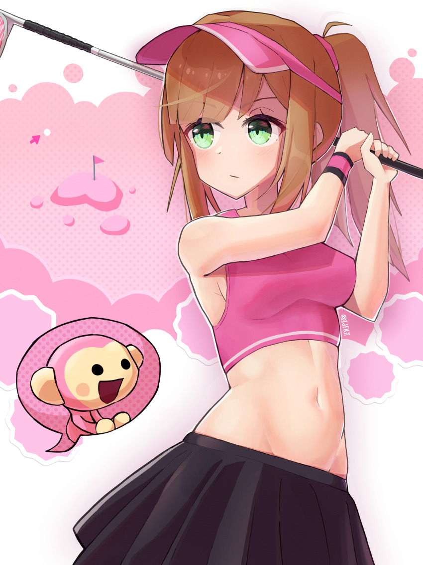 1girl :/ :d absurdres armpits belly black_skirt breasts cleavage cloud commentary english_commentary flag golf golf_club golf_course golfer_(rhythm_tengoku) green_eyes highres holding lavendeavor looking_to_the_side medium_breasts midriff minna_no_rhythm_tengoku monkey_(rhythm_tengoku) navel open_mouth orange_hair pink_background pink_clouds pink_sports_bra rhythm_tengoku serious skirt smile sports_bra visor_cap