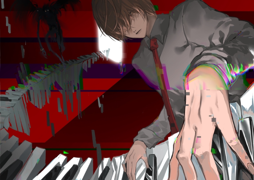 2boys abstract absurdres brown_eyes brown_hair collared_shirt death_note dress_shirt full_body glowing hair_between_eyes hair_over_one_eye highres instrument looking_down male_focus multiple_boys music necktie one_eye_covered parted_lips patterned_background piano playing_instrument playing_piano red_background red_necktie ryuk shinigami shirt short_hair solo_focus thisisimpossible upper_body white_shirt yagami_light