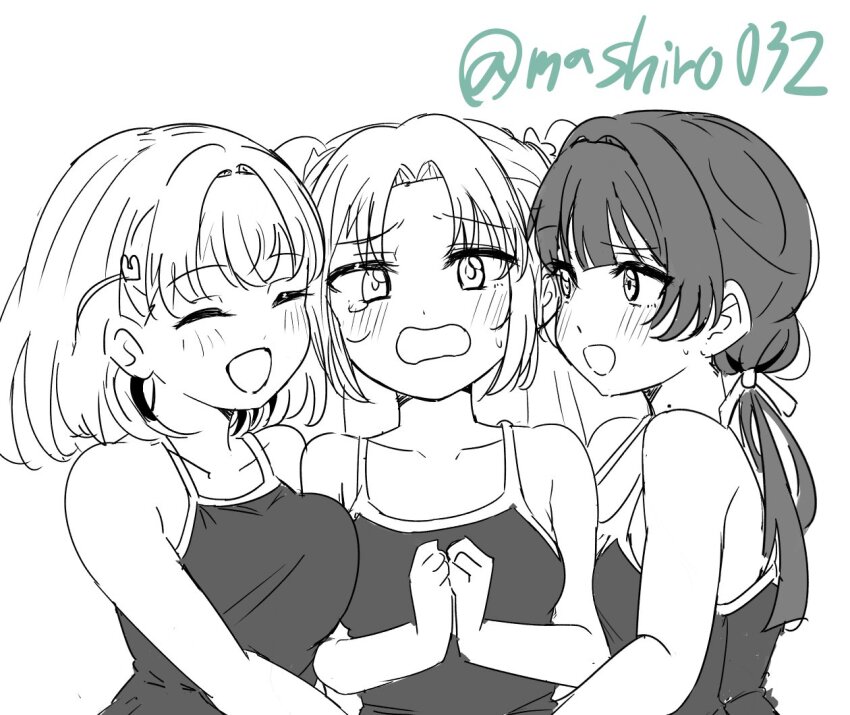 3girls :d bare_shoulders breasts commentary crossed_bangs ereka flower greyscale hair_flower hair_ornament hair_ribbon hinoshita_kaho large_breasts link!_like!_love_live! long_hair looking_at_another love_live! low_twintails medium_breasts medium_hair mole mole_on_neck monochrome multiple_girls murano_sayaka new_school_swimsuit open_mouth osawa_rurino parted_bangs peanut_mouth rabbit_hair_ornament ribbon school_swimsuit simple_background smile swimsuit tearing_up twintails twitter_username two_side_up upper_body virtual_youtuber white_background