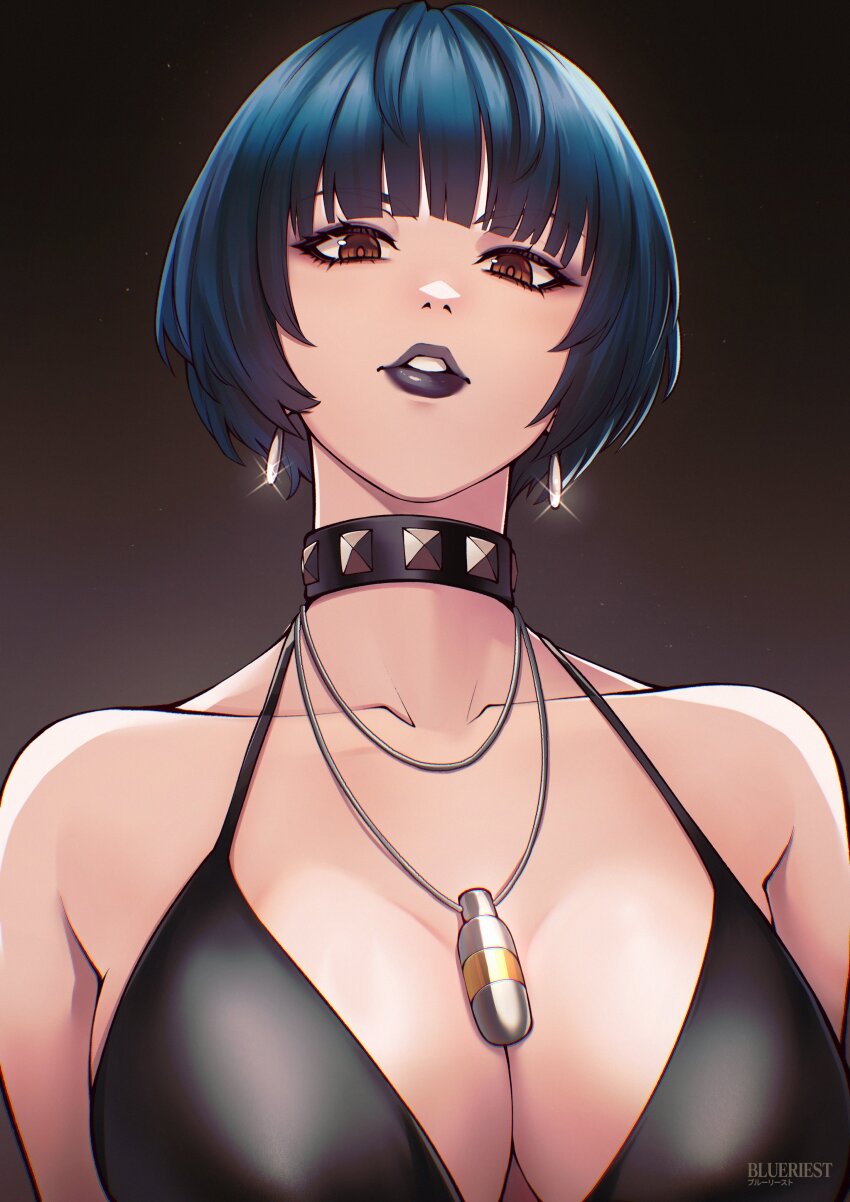 1girl absurdres bare_shoulders black_bra black_choker black_lips blue_hair blueriest bob_cut bra breasts brown_eyes choker cleavage collarbone earrings glint gradient_background grey_background highres jewelry large_breasts light_particles lips looking_at_viewer parted_lips pendant persona persona_5 short_hair simple_background solo studded_choker takemi_tae underwear upper_body