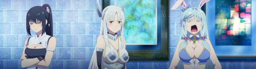 3girls absurdres annoyed arifureta_shokugyou_de_sekai_saikyou armor black_hair blush breasts cleavage cleavage_cutout closed_eyes clothing_cutout crossed_arms flower hair_flower hair_ornament highres long_hair looking_at_viewer midriff multiple_girls o_o open_mouth ponytail rabbit_ears shea_haulia shirasaki_kaori stitched tank_top third-party_edit tongue white_eyes white_hair yaegashi_shizuku yellow_eyes