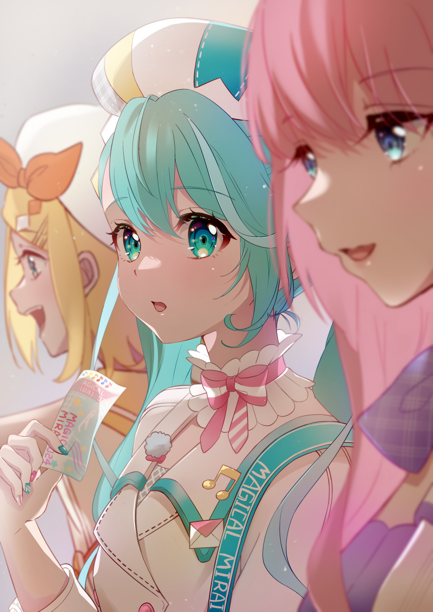 3girls absurdres aqua_eyes aqua_hair beret blonde_hair blue_eyes blurry bow clothes_writing commentary_request diamond_hair_ornament hair_ornament hairclip hat hat_bow hatsune_miku highres holding holding_ticket jacket kagamine_rin long_hair magical_mirai_(vocaloid) magical_mirai_luka magical_mirai_luka_(2024) magical_mirai_miku magical_mirai_miku_(2024) magical_mirai_rin magical_mirai_rin_(2024) megurine_luka multicolored_nails multiple_girls musical_note_ornament open_mouth orange_bow pink_hair short_hair single_sidelock smile tamakiwachi ticket twintails upper_body vocaloid white_hat white_jacket