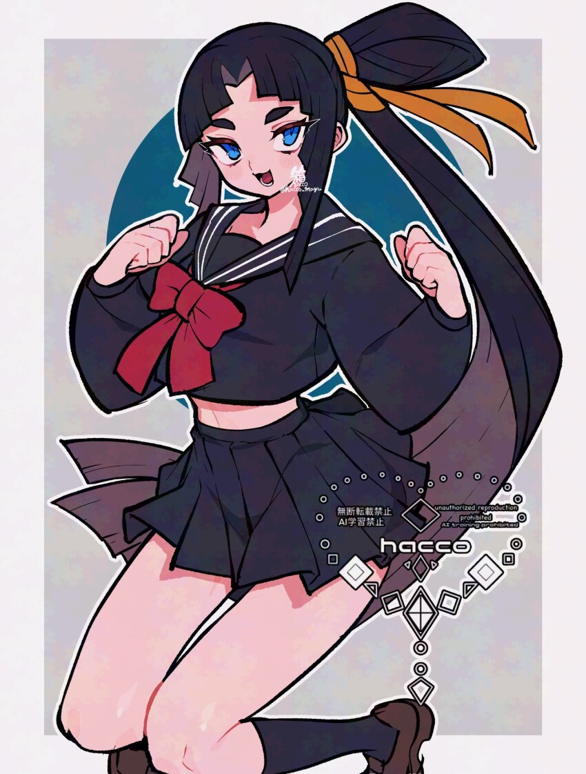 1girl black_hair black_shirt black_skirt blue_eyes breasts fate/grand_order fate_(series) hacco_mayu hair_bun highres kneehighs long_hair long_sleeves looking_at_viewer medium_breasts open_mouth parted_bangs sailor_collar shirt side_ponytail sidelocks single_side_bun skirt smile socks solo ushiwakamaru_(fate) very_long_hair