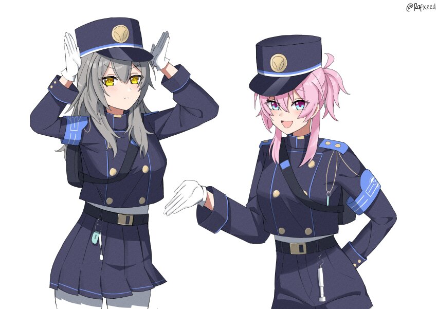 2girls absurdres alternate_hairstyle armband blue_archive blue_armband blue_eyes blue_hat blue_jacket blue_shorts blue_skirt breasts closed_mouth cosplay cowboy_shot gloves grey_hair hat highres hikari_(blue_archive) hikari_(blue_archive)_(cosplay) honkai:_star_rail honkai_(series) jacket light_blush long_sleeves looking_at_viewer march_7th_(honkai:_star_rail) medium_breasts medium_hair missing_commentary multicolored_eyes multiple_girls nozomi_(blue_archive) nozomi_(blue_archive)_(cosplay) open_hands open_mouth pink_eyes pink_hair pink_pupils pleated_skirt rabbit_pose rafxeed shorts simple_background skirt smile stelle_(honkai:_star_rail) trailblazer_(honkai:_star_rail) train_conductor twitter_username two-tone_eyes white_background white_gloves yellow_eyes yellow_pupils