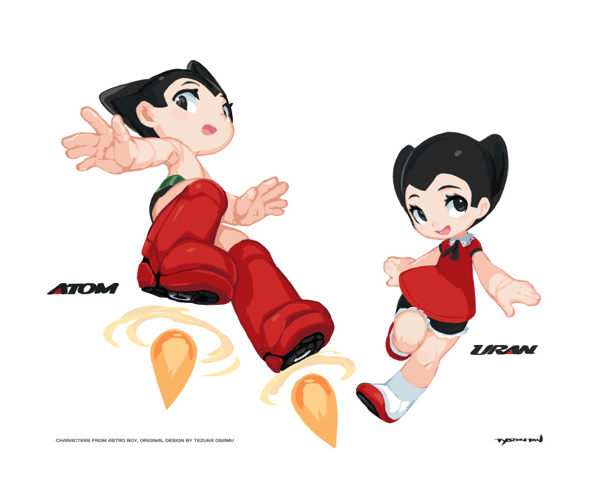 1boy 1girl 2020 absurdres android artist_name atom_(tetsuwan_atom) black_eyes black_hair black_ribbon black_shorts black_skirt boots brother_and_sister character_name collared_shirt copyright_name eyelashes highres joints krita_(medium) non-web_source open_mouth red_shirt ribbon robot robot_joints rocket_boots shirt shoe_soles shoes shorts siblings simple_background skirt socks tareme teeth tetsuwan_atom topless_male tyson_tan upper_teeth_only uran_(tetsuwan_atom) white_background white_socks