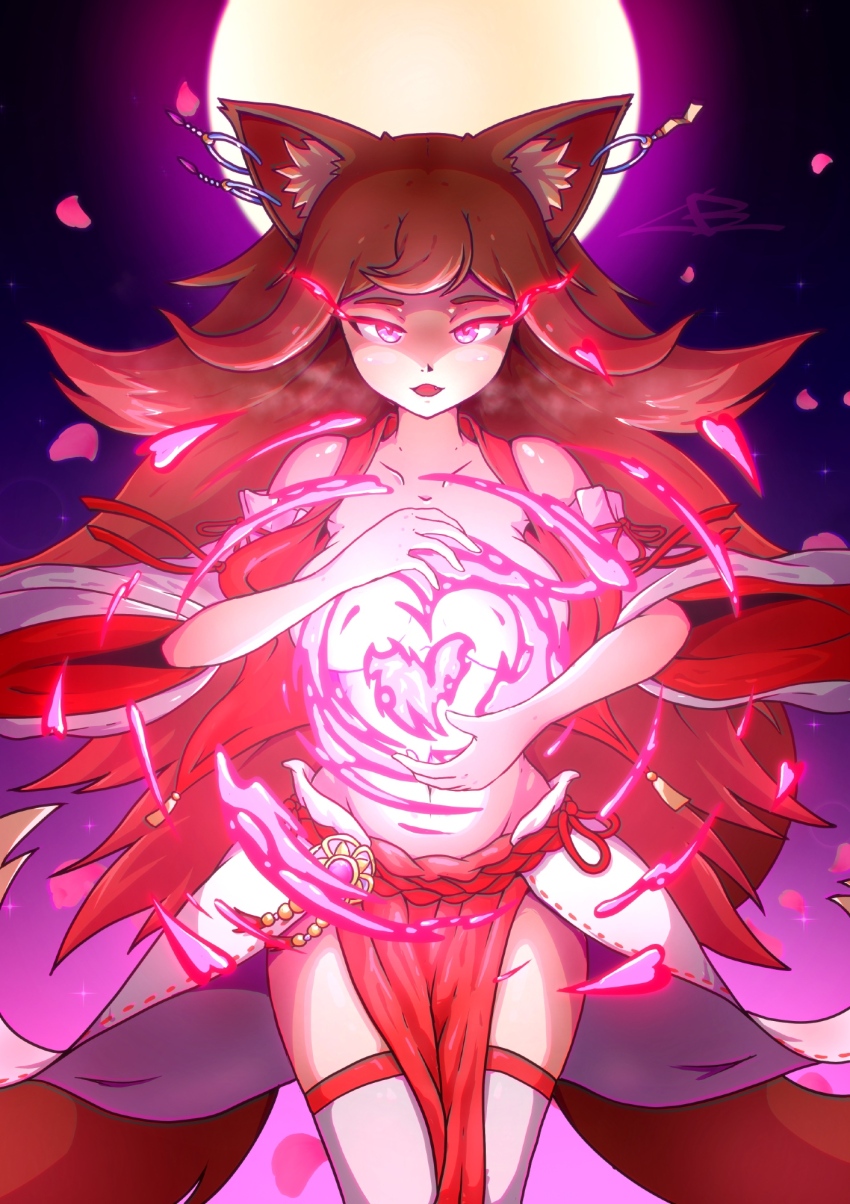 1girl adapted_uniform aimiko_(e1alpha) animal_ear_fluff animal_ears bare_shoulders breasts brooch brown_hair brown_tail casting_spell chihaya_(clothing) cleavage closed_mouth cowboy_shot detached_sleeves e1alpha earrings falling_petals fox_ears fox_tail full_moon glowing glowing_eyes highres japanese_clothes jewelry kitsune kosode large_breasts long_hair looking_at_viewer magic moon navel night night_sky nontraditional_miko original petals piercing pink_eyes pink_petals red_ribbon red_sleeves ribbon ribbon-trimmed_skirt ribbon-trimmed_sleeves ribbon_trim shaded_face signature skirt sky solo standing tail tassel thighhighs white_skirt white_sleeves wide_sleeves