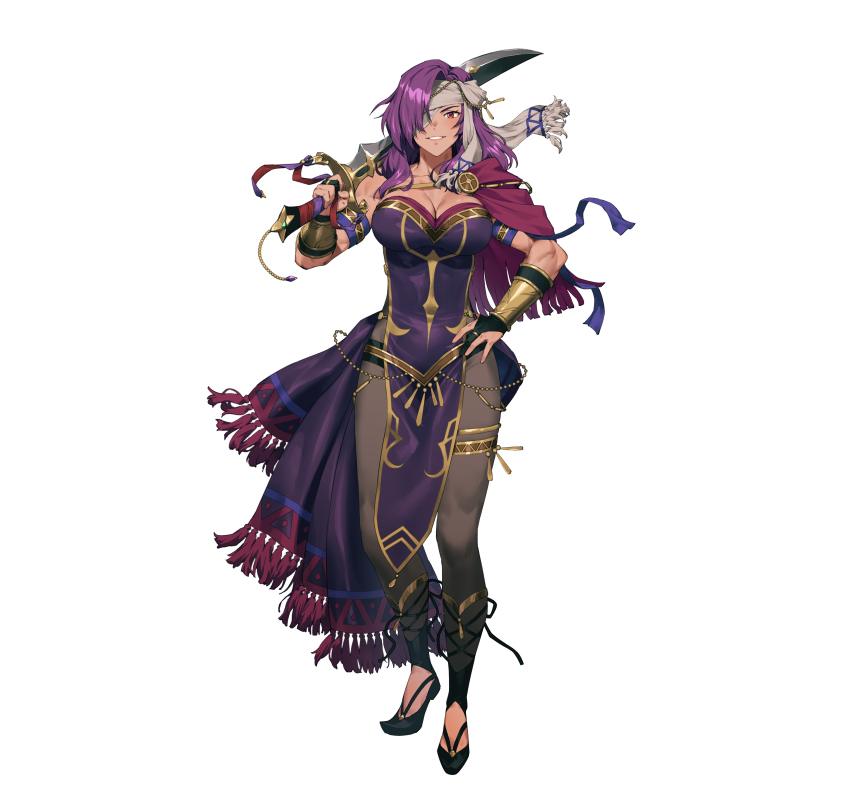 1girl absurdres breasts capelet chyko cleavage dark-skinned_female dark_skin dress eyepatch fire_emblem fire_emblem:_mystery_of_the_emblem fire_emblem_heroes full_body grin hair_over_one_eye hand_on_own_hip headband headscarf highres holding holding_sword holding_weapon jewelry large_breasts long_hair looking_at_viewer malice_(fire_emblem) malice_(jehanna)_(fire_emblem) muscular muscular_female nintendo official_alternate_costume official_art over_shoulder pantyhose pelvic_curtain purple_capelet purple_dress purple_hair smile solo sword sword_over_shoulder weapon weapon_over_shoulder white_background