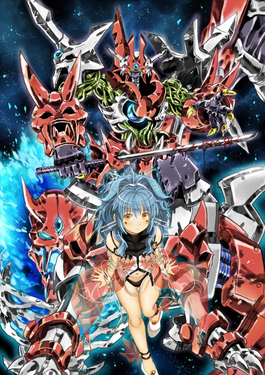 1girl absurdres alfimi black_panties black_shirt blood bloody_weapon blue_hair breasts garimpeiro green_eyes hair_between_eyes highres holding holding_sword holding_weapon katana looking_up mecha navel open_hand orange_eyes panties persoenlichkeit ponytail robot shirt sitting small_breasts star_(sky) super_robot_wars super_robot_wars_og_saga_mugen_no_frontier super_robot_wars_og_saga_mugen_no_frontier_exceed super_robot_wars_original_generation sword underwear weapon white_footwear
