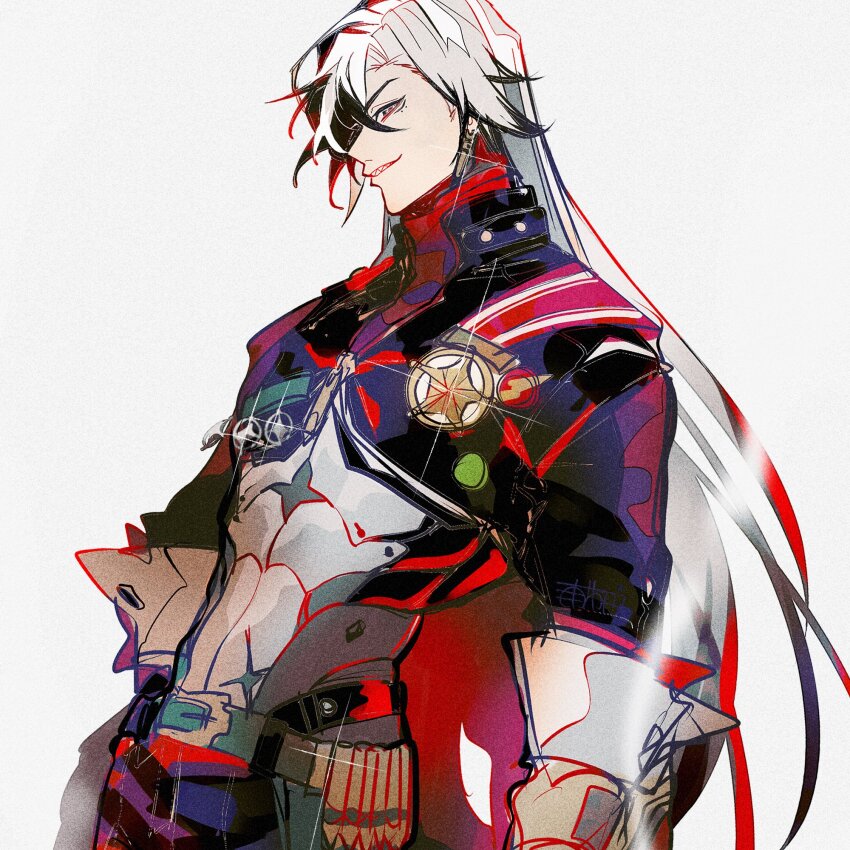 1boy black_hair boothill_(honkai:_star_rail) commentary_request cowboy cropped_jacket cyborg grey_background highres honkai:_star_rail honkai_(series) long_hair looking_at_viewer male_focus multicolored_hair sharp_teeth simple_background solo streaked_hair teeth u_5ham0 upper_body western white_hair