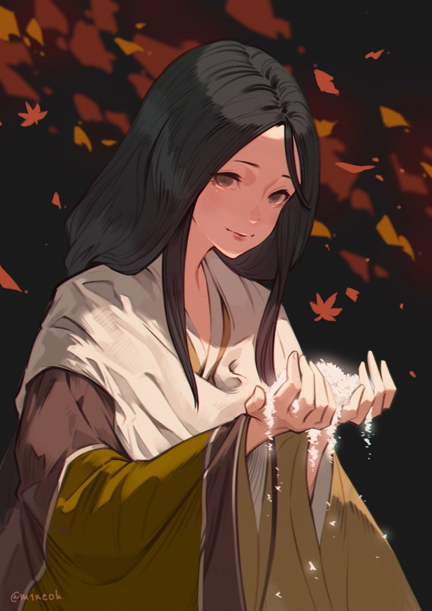 1girl black_background black_hair closed_mouth divine_child_of_rejuvenation highres japanese_clothes jiro_(ninetysix) kimono leaf long_hair long_sleeves looking_at_viewer parted_bangs rice sekiro:_shadows_die_twice smile solo wide_sleeves