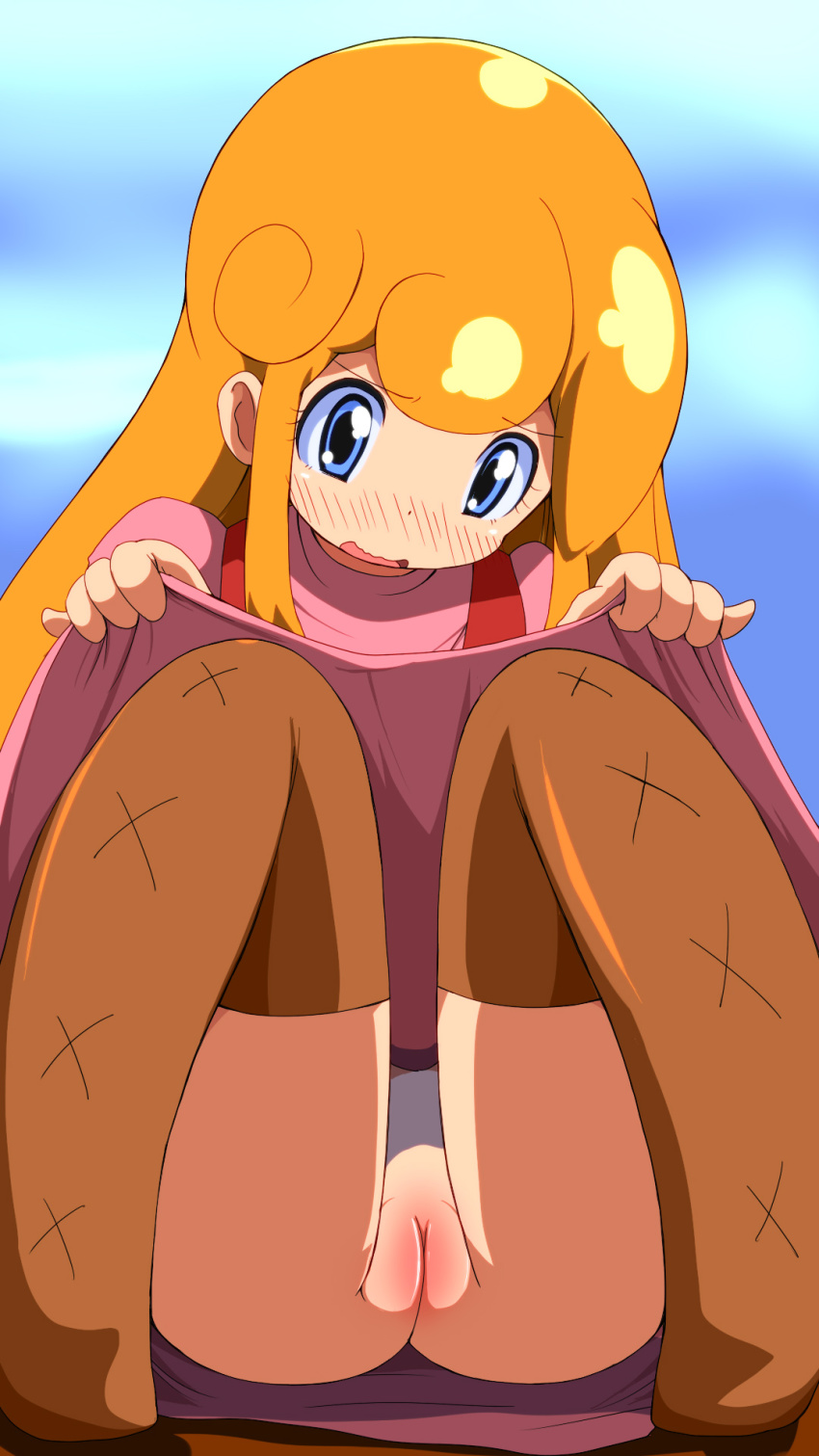 1girl blonde_hair blue_eyes blush boots chiko_(unico) cleft_of_venus clothes_lift curly_hair dress dress_lift embarrassed female_focus highres knees_up long_hair no_panties pussy sitting solo tau_(artist) thigh_boots thighhighs thighs uncensored unico